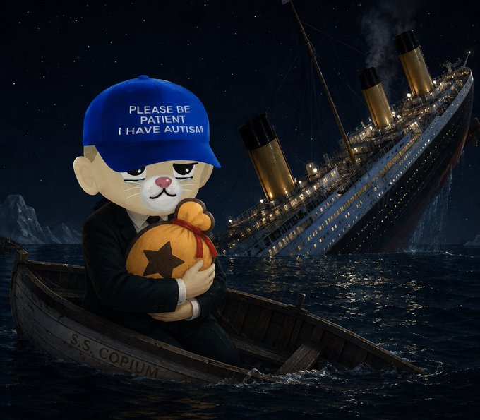 A cartoon cat wearing a blue cap reading 'PLEASE BE PATIENT I HAVE AUTISM' sits in a rowboat labeled 'S.S. COPIUM' holding a money bag, with a sinking Titanic-style ship in the background.