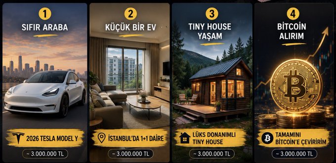 An infographic displays four financial or lifestyle choices valued at approximately 3,000,000 TL: a 2026 Tesla Model Y ('SIFIR ARABA'), a 1+1 apartment in Istanbul ('KÜÇÜK BİR EV'), a forest-dwelling tiny house ('TİNY HOUSE YAŞAM'), and converting entirely to Bitcoin ('BİTCOİN ALIRIM').