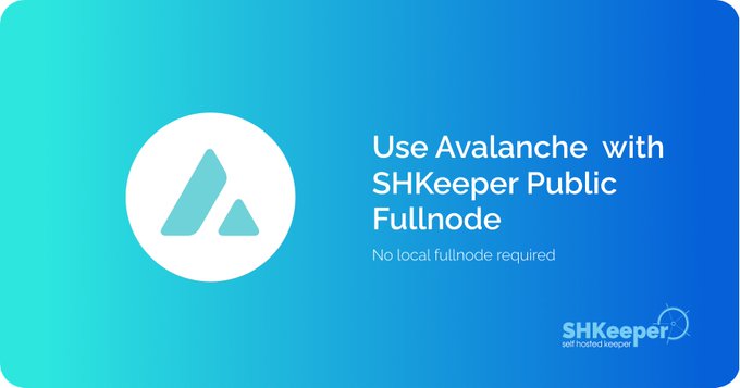 The image shows a blue and white banner with an arrow pointing towards the center of the image, which has the text "Use Avalanche with SHKeeper Public Fullnode" written below it. The background color of the image is light blue, and there are two small circles in the bottom left corner that appear to be buttons or icons related to the content on the banner.