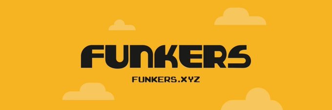 A yellow graphic with cloud illustrations displaying the "FUNKERS" logo and website "FUNKERS.XYZ" in bold black lettering.