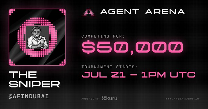 A promotional graphic for 'Agent Arena' featuring 'The Sniper' (@afindubai) competing for $50,000, with the tournament starting July 21 at 1PM UTC, powered by Kuru.