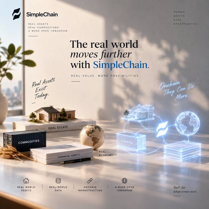 A promotional graphic for SimpleChain featuring the text 'The real world moves further with SimpleChain. REAL VALUE. MORE POSSIBILITIES.' alongside visual representations of real estate, commodities, and financial assets, plus holographic digital elements.
