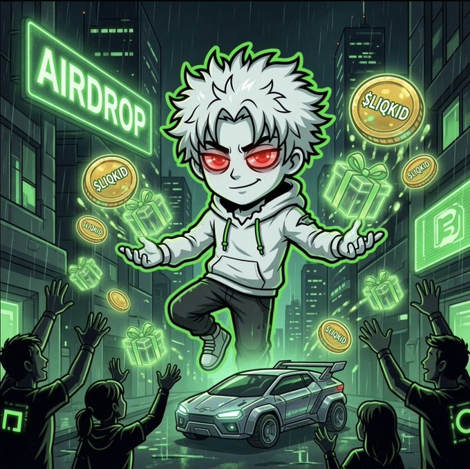 Anime-style digital illustration of a white-haired character with red eyes surrounded by glowing 'AIRDROP' signs, gift boxes, coins labeled '$LIOKID', and a sports car.