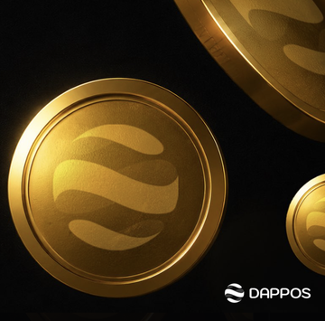 The image shows gold DAPPOS coins alongside the DAPPOS logo, which ties to the post by visually promoting the brand behind the late airdrop registration at portal.dappos.com/assets.