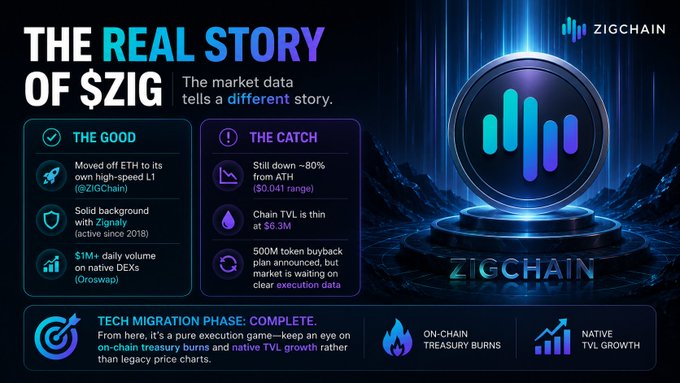 An infographic titled "THE REAL STORY OF $ZIG" from Zigchain, highlighting positive aspects (moved off ETH, solid background, $1M+ daily DEX volume) alongside concerns (still down ~80% from ATH, thin TVL, announced buyback pending execution).