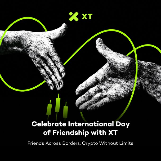 The image is a promotional graphic for XT exchange featuring two hands reaching toward each other in a friendship gesture against a black background with green circular accents and candlestick chart elements, with the text "Celebrate International Day of Friendship with XT - Friends Across Borders. Crypto Without Limits" and the XT logo at the top. The image visually reinforces the post's message about trust-based friendships in crypto trading communities, symbolizing connection across borders through the approaching hands.