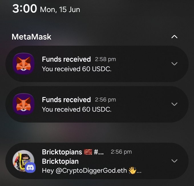 The image shows a cell phone screen displaying three different messages from various social media platforms, including a message from someone named Bricktopiaans with an emojis and a gif of a cat. The first message reads "Funds received", the second one says "You received 60 USDC", and the third one is a gif of a cat. The post also mentions that the user has received funds in the past, which could be related to the messages from these platforms.