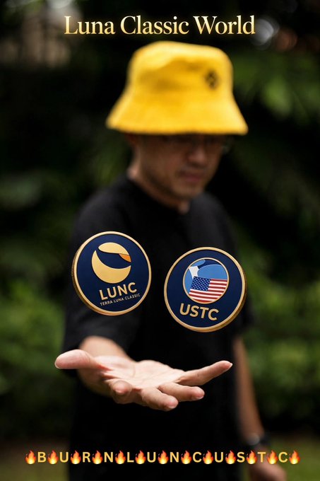 A promotional poster titled 'Luna Classic World' showing a person in a yellow bucket hat with two floating logos labeled 'LUNC TERRA LUNA CLASSIC' and 'USTC' with an American flag design, above text reading 'BURN LUNC USTC'.