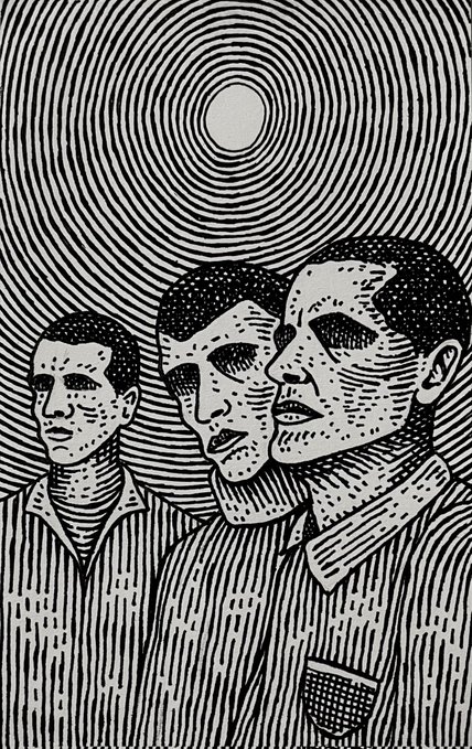 A high-contrast black and white woodcut-style illustration depicting three men with striped shirts against a hypnotic background of concentric circles radiating from a central sun or moon.