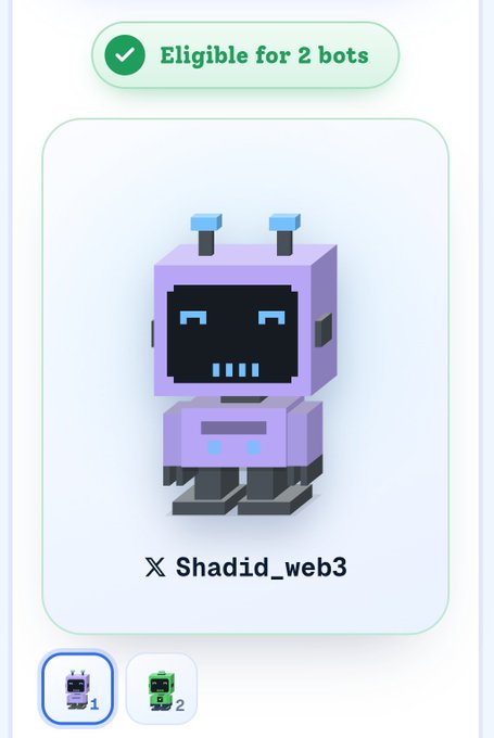 A pixelated purple robot character NFT labeled 'X Shadid_web3' eligible for 2 bots.