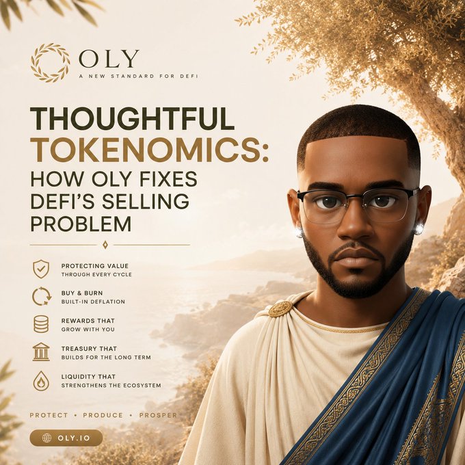 A promotional graphic for OLY (formerly OlympusX) featuring a bearded man in glasses and a toga-like garment against a Mediterranean backdrop, with the headline "Thoughtful Tokenomics: How OLY Fixes DeFi's Selling Problem" and bullet points highlighting value protection, buy & burn deflation, aligned rewards, long-term treasury, and ecosystem liquidity, directing viewers to oly.io.
