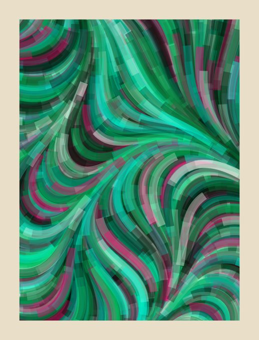 An abstract digital artwork featuring swirling, curved pixelated bands in shades of green, teal, and magenta arranged in a flowing, wave-like pattern.