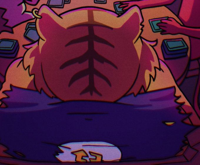 A stylized illustration shows the back of a cat's head with a skeletal spine visible through its red and orange fur.