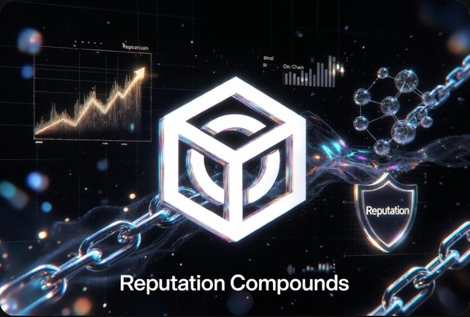 Digital graphic titled 'Reputation Compounds' featuring a glowing hexagonal cube connected by chains, alongside charts, molecular structures, and a 'Reputation' shield on a dark background.