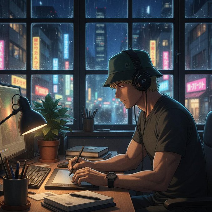 An anime-style illustration of a young man wearing headphones and a green cap, drawing on a tablet at his desk while rain falls outside the window against a neon-lit cityscape.