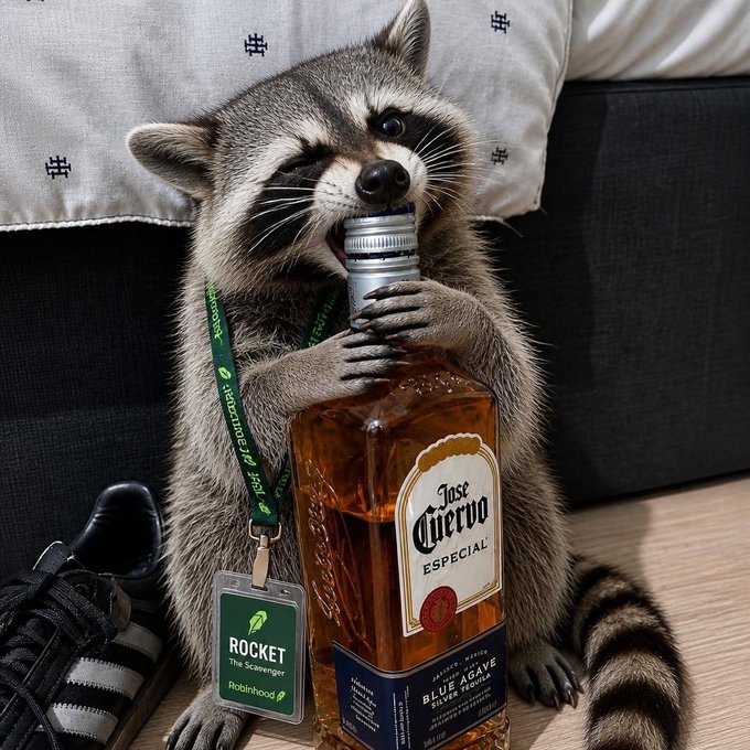 A raccoon clutches a bottle of Jose Cuervo Especial tequila while wearing a lanyard that reads "ROCKET The Scavenger" and "Robinhood," perfectly capturing the "Friday mood after a long week at the office" as the mischievous raccoon appears ready to raid the liquor cabinet instead of the trash.