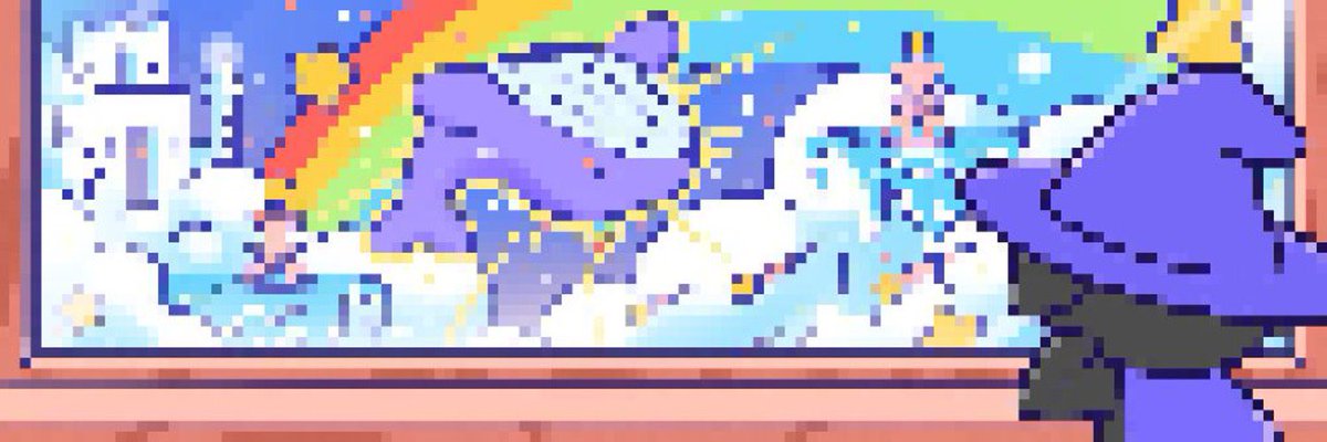 Pixel art depicting a purple dragon-like creature and a unicorn facing each other, with a rainbow in the background and a partial figure visible on the right.