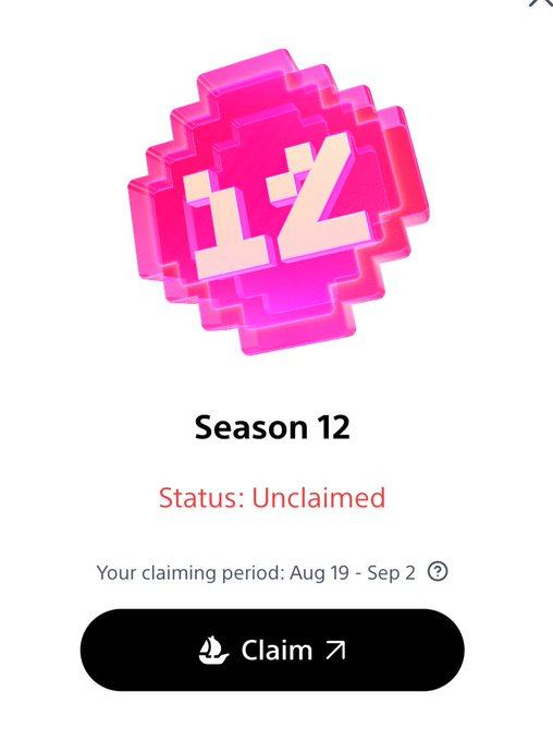 A mobile interface displays a pink 3D layered cube icon with the number "12", labeled "Season 12", with a red "Status: Unclaimed", a claiming period of "Aug 19 - Sep 2", and a black "Claim" button.