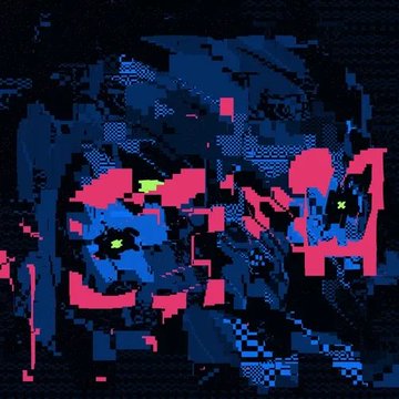 A pixelated, glitch-art style image features chaotic blocks of pink, magenta, blue, and black with scattered green accents against a dark background.
