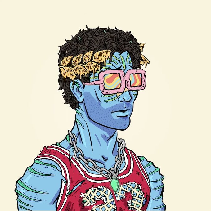 A stylized digital illustration depicts a blue-skinned male character wearing pink-rimmed sunglasses with a yellow visor, a crown of melted yellow material, a chain necklace, and a red jersey with the number '23'.
