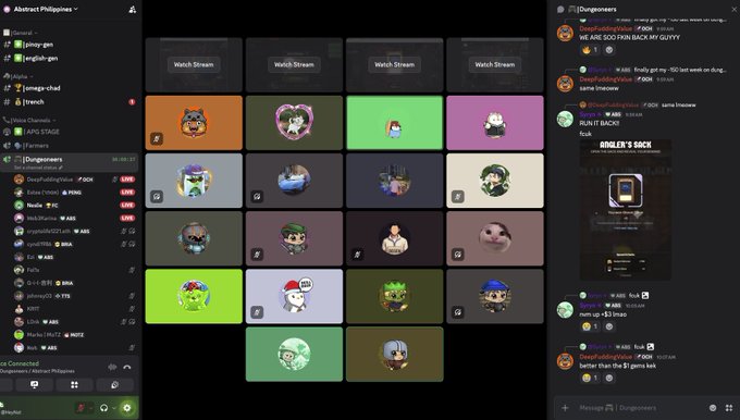 A Discord-like communication interface displaying a grid of cartoon avatar tiles on the left and a chat conversation on the right, including messages referencing 'Abstract Philippies' and 'Dungconers'.