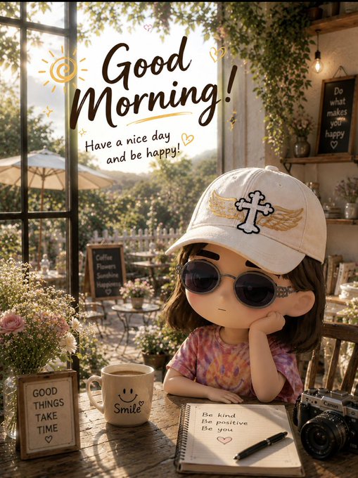 A cheerful Good Morning greeting card featuring a cartoon girl with sunglasses and a cross-winged cap at a coffee shop table, with text including 'Good Morning! Have a nice day and be happy!' and signs reading 'GOOD THINGS TAKE TIME', 'Smile', and 'Be kind Be positive Be you'.