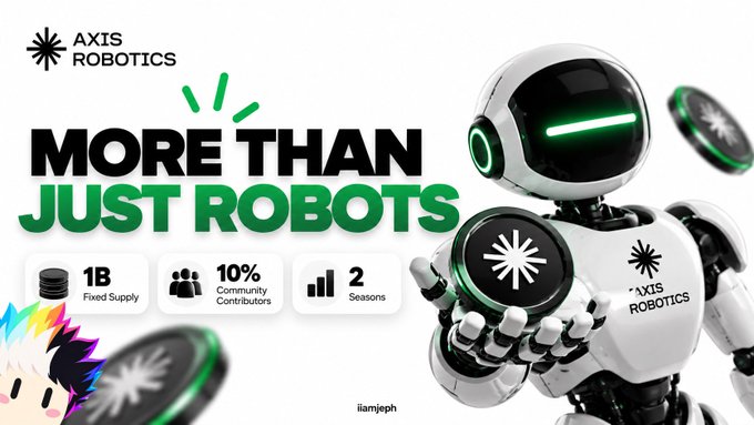 A promotional banner for 'AXIS ROBOTICS' with the slogan 'MORE THAN JUST ROBOTS,' featuring a white and black robot holding a branded coin, along with stats like '1B Fixed Supply' and '2 Seasons.'