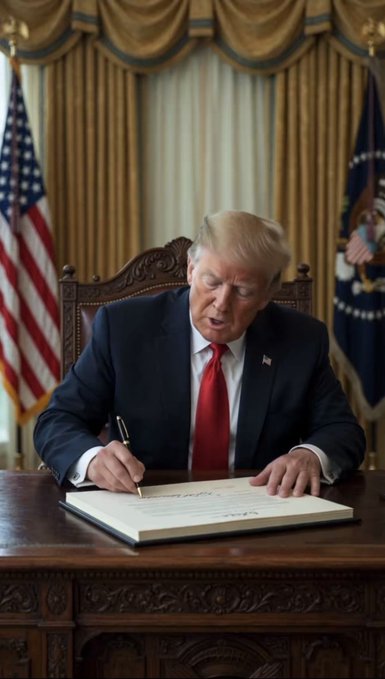 Former President Donald Trump signs a document in the Oval Office, with the US flag and Presidential flag visible. The image is used to visually represent the idea of a presidential action being taken, relating to the post about the #BITCOIN AND CRYPTO TRANSPARENCY ACT.