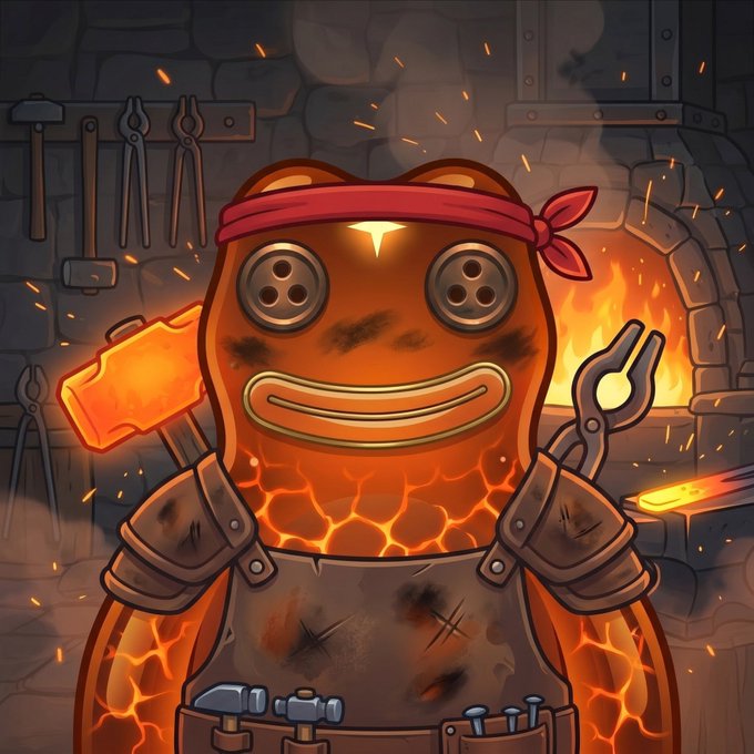 A cartoon-style image of a lava-filled blacksmith character wearing a red bandana and holding a glowing hammer and tongs in front of a forge.