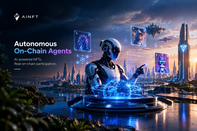 A promotional banner for 'AINFT' featuring a humanoid robot interacting with holographic NFT cards against a futuristic cityscape, advertising 'Autonomous On-Chain Agents' as AI-powered NFTs.
