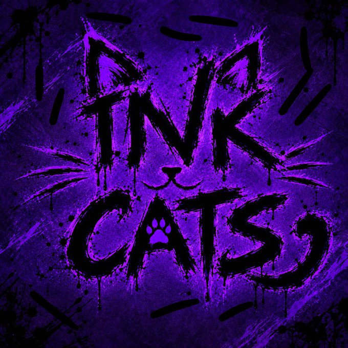 A stylized purple and black cat-themed graphic with the words 'INK CATS' painted in a graffiti style, featuring a cat face and paw print.