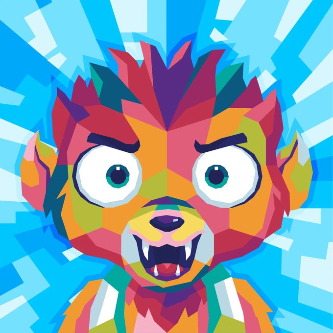 A colorful, geometric pop-art style illustration of a fierce-looking animal face with sharp teeth, bared fangs, and big round eyes against a bright blue background.