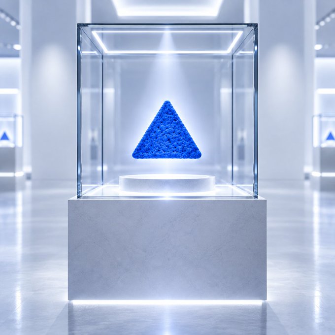 A glowing blue triangular sculpture sits inside a clear glass display case on a white pedestal in a brightly lit, futuristic white room.