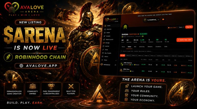 A promotional banner for 'SARENA IS NOW LIVE' on the Avalove Arena platform, highlighting a new listing on the Robinhood chain and featuring a screenshot of the gaming interface.