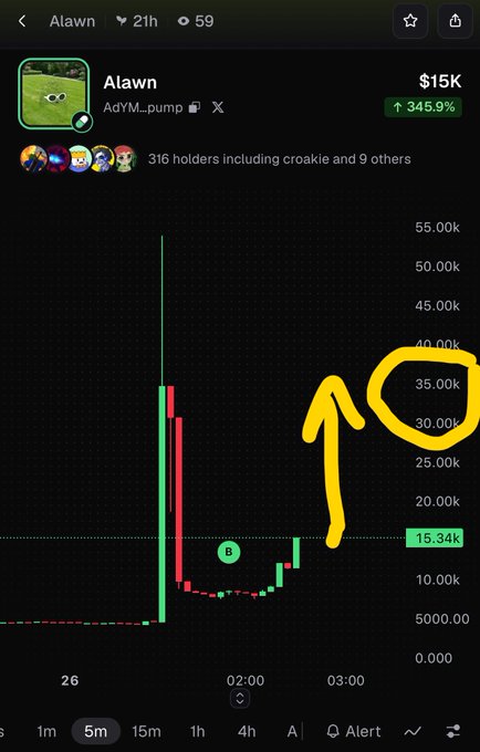 A cryptocurrency chart for 'Alawn' (AdYM...pump) showing a 345.9% increase to $15K, with hand-drawn yellow circles and arrows highlighting a price surge to around 30k-35k on the 5m timeframe.
