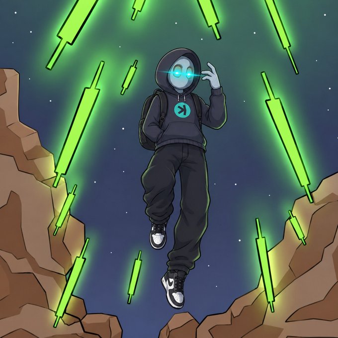 A faceless hooded figure with glowing teal "X" eyes floats between rocky cliffs amid falling neon green and red candlesticks, with a circular emblem on the chest displaying a crossed-arrow logo. The imagery of mixed bullish (green) and bearish (red) candles falling around a resilient, unmoved figure visually reinforces the post's message of consistency through market volatility for $CATE and $KAS.