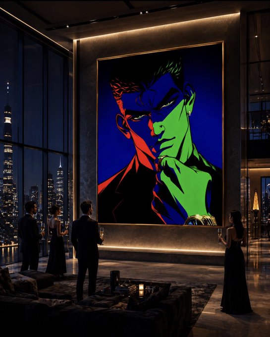 A pop-art style portrait of a man in red, blue, and green tones hangs on the wall of a luxurious high-rise penthouse, with people in formal attire admiring it.
