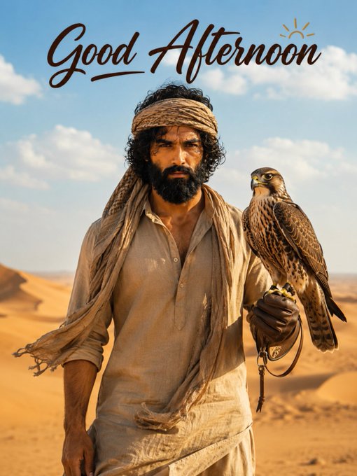 An illustrated image of a bearded man wearing a tan headscarf and robe, holding a falcon in a desert landscape, with 'Good Afternoon' written at the top.