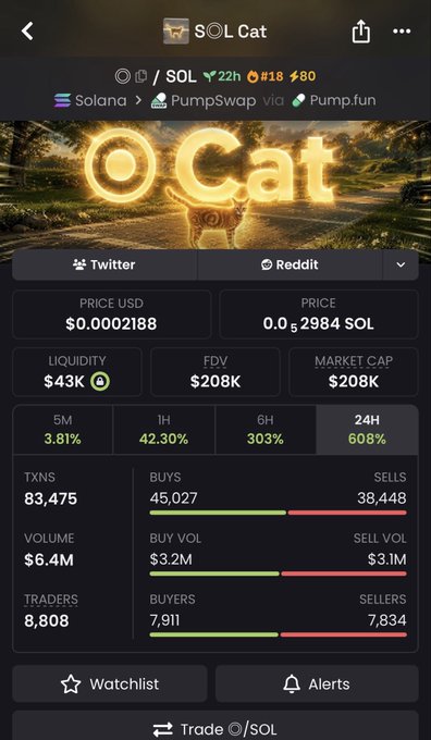 A mobile screenshot of a cryptocurrency tracking app showing data for the token "SOL Cat" on the Solana network, displaying a price of $0.0002188 and high volume metrics.