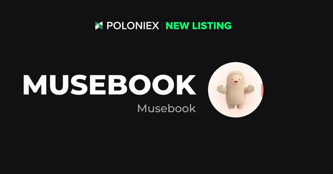 A promotional graphic on a black background featuring the text 'POLONIEX NEW LISTING' and 'MUSEBOOK' in large white letters, alongside a small 3D-rendered white mascot character.