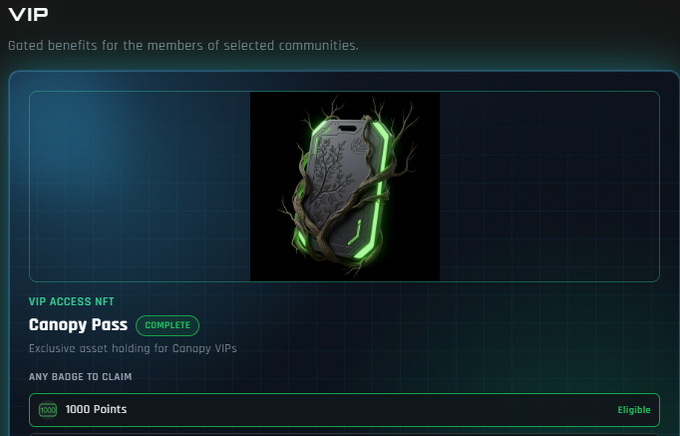 A user crosses 1000 points on the Canopy (CNPY) testnet, unlocking the "Canopy Pass" VIP Access NFT badge, an exclusive digital asset that marks their growing involvement in the sovereign appchain project's early ecosystem.