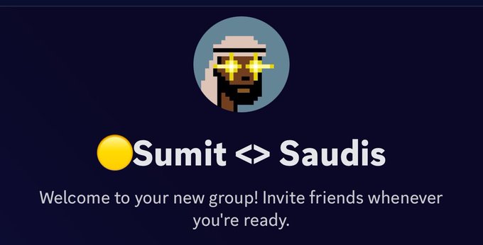 A welcome screen for a new group called 'Sumit <> Saudis' featuring a pixel art avatar of a person wearing sunglasses with star-shaped reflections, with text inviting friends to join the group.