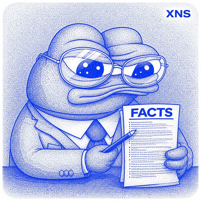 Blue stippled illustration of a frog wearing glasses and a suit, holding a document labeled "FACTS" with a pen, with "XNS" text in the upper right.
