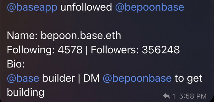 A screenshot of a tweet or message reading '@baseapp unfollowed @bepoonbase', with a profile for 'bepoon.base.eth' showing 4578 following and 356248 followers, and a bio '@base builder | DM @bepoonbase to get building'.