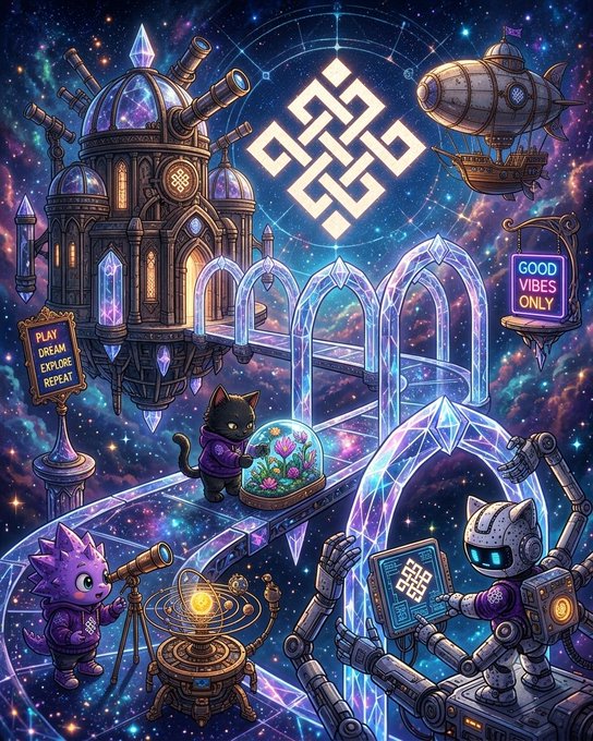 A vibrant, cosmic-themed digital illustration featuring a black cat in a hoodie exploring a galaxy with a crystal bridge, an observatory, a robot holding a tablet, and various signs reading 'PLAY DREAM EXPLORE REPEAT' and 'GOOD VIBES ONLY'.