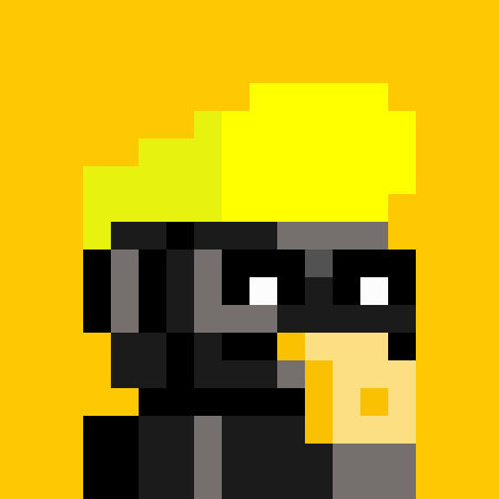 A pixel art illustration depicts a character with a black mask and yellow hair holding a small object.