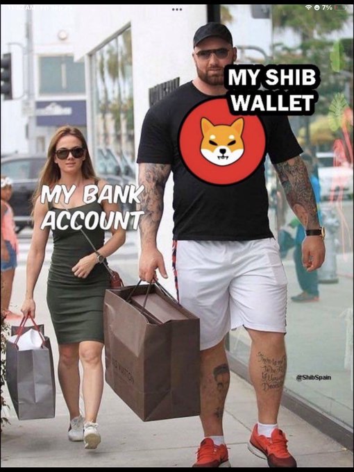 A meme image showing a muscular tattooed man in a black Shiba Inu (Shib) t-shirt labeled 'MY SHIB WALLET' and a woman in a green dress labeled 'MY BANK ACCOUNT', walking down a street carrying shopping bags.