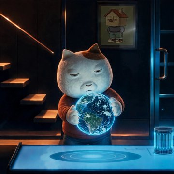 A 3D animated cat character wearing an orange sweater holds a glowing globe in a dimly lit room with a framed picture on the wall.