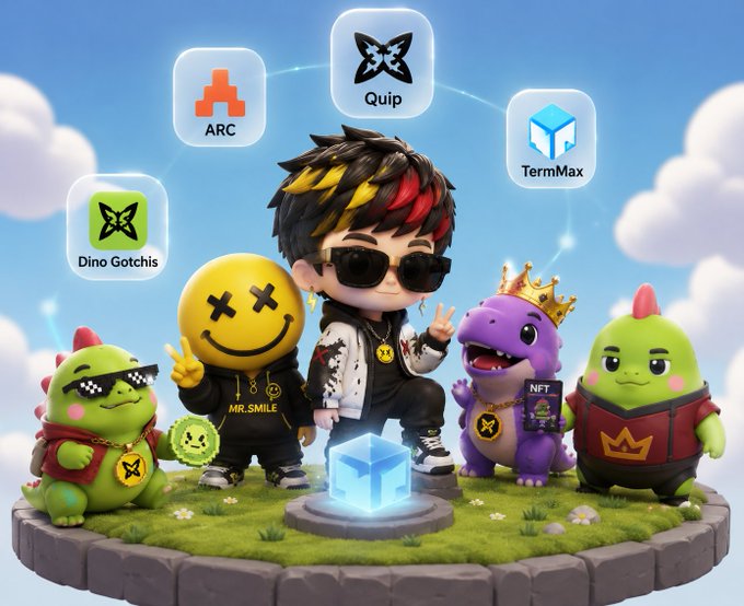 The image features a cartoon boy wearing sunglasses, holding a box with a dinosaur on top of him. The boy also has a crown on his head. Surrounding the boy are other cartoon characters, including a dinosaur, a dragon, and a robot. There is text in the image that reads "Most people still think Web3 adoption is mainly a technology problem. I’m starting to think it’s more of an experience problem. The projects that quietly stand out aren’t always the loudest. They’re the ones solving friction in different ways."