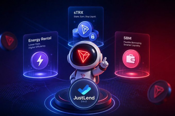 A promotional graphic for JustLend DAO featuring an astronaut mascot surrounded by floating panels for sTRX ('Stake. Earn. Stay Liquid'), Energy Rental ('Lower Fees. Higher Efficiency.'), and SBM ('Flexible Borrowing. Smarter Liquidity.').
